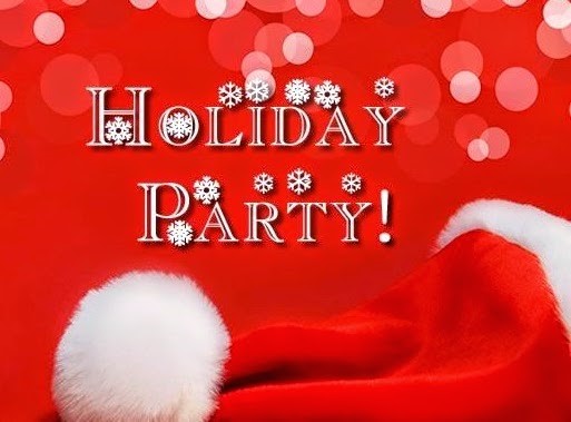 A red background with twinkling lights, it says "Holiday Party" in white with snowflakes floating around it. At the bottom is a red Santa hat.