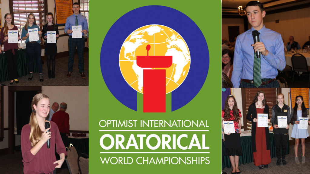 Optimist International Oratorical Contest title surrounded by 4 images of students giving their speeches to the Centerville Noon Optimist Club