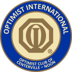 Optimist Club of Centerville noon logo. On the outside is a blue ring and in light yellow letters it says on the top "Optimist International" and on the bottom it says "Optimist Club of Centerville - Noon." On the inside of the blue ring is a yellow circle that has the Optimist International logo; a gold "O" around a gold "I"