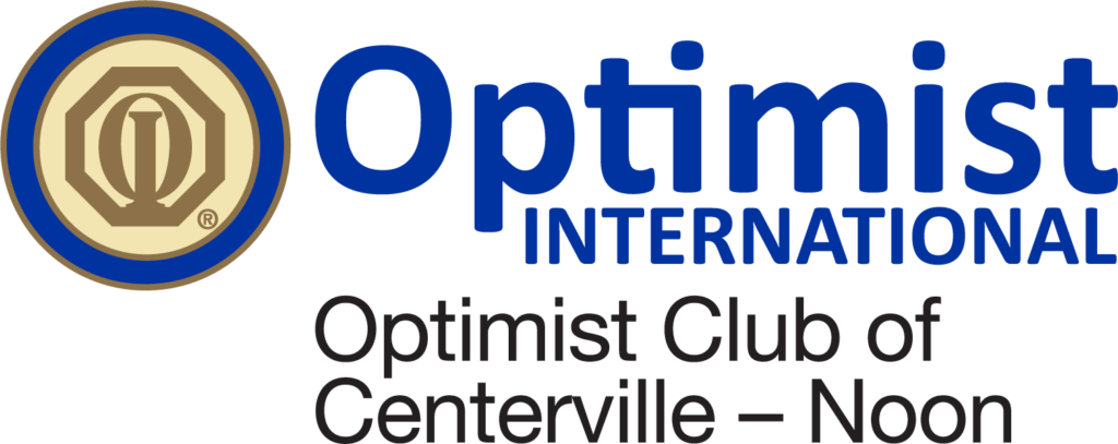 Optimist roundrel logo next to "Optimist International" written in blue letters. Below that it says "Optimist Club of Centerville-Noon" in black letters.