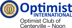 Optimist roundrel logo next to "Optimist International" written in blue letters. Below that it says "Optimist Club of Centerville-Noon" in black letters.