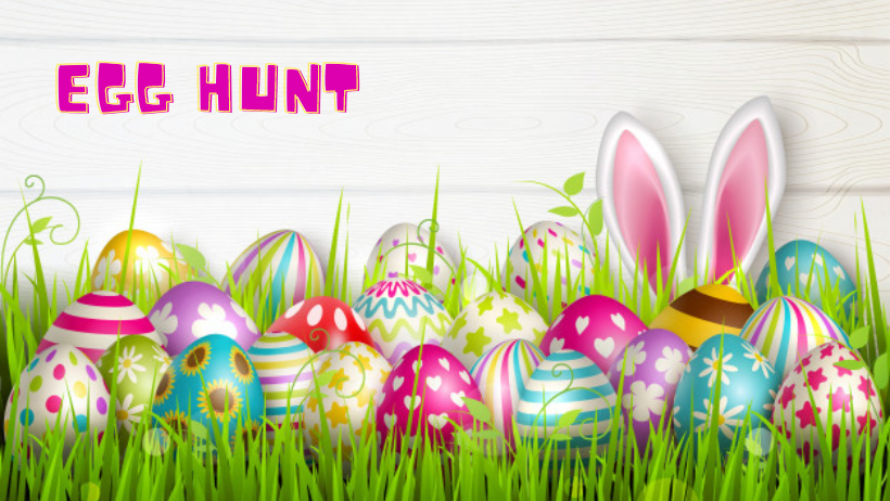 Colored eggs on grass with bunny ears sticking up and the words Egg Hunt